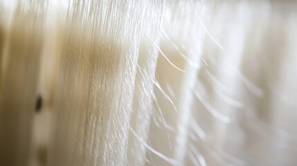 Obraz premium Closeup White Silk Threads, Fabric Textile Production, Soft Fibers
