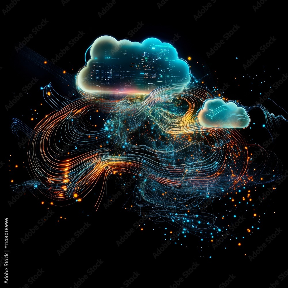 Aufkleber Digital Representation of Cloud Computing With Vibrant Data Flow and Abstract Connections Over a Dark Background