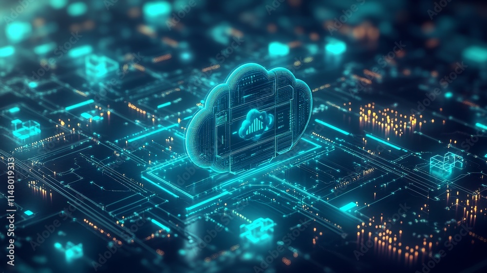 Aufkleber Digital Cloud Computing Network With Glowing Data Connections and Analytics Displayed in a Futuristic Environment