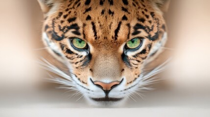 Fototapeta premium A close up of a leopard's face with green eyes