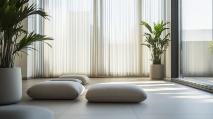 Minimalist modern meditation room with clean, serene design. Featuring neutral tones and sleek furnishings