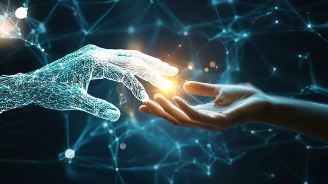 A robot hand reaching out to touch a human hand, symbolizing the collaboration between humans and artificial intelligence in the modern world