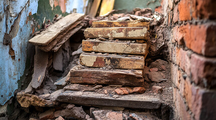 Stairs covered in debris inside an abandoned building in a deteriorating state. 