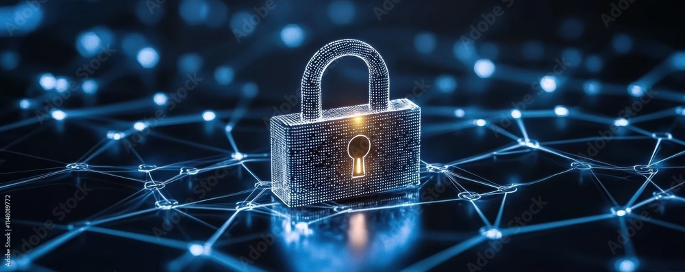 Poster dark blue background with a small padlock with binary polygon interconnects representing cybersecuri