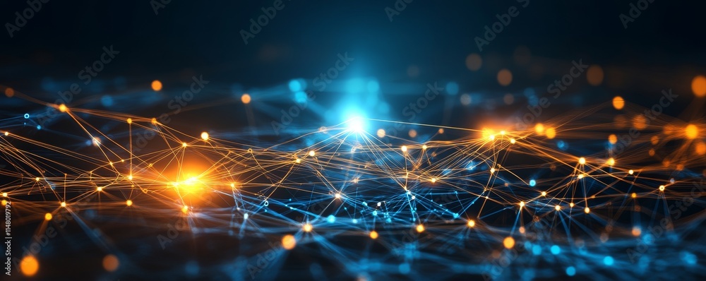 Aufkleber Intricate Web of Glowing Lines and Nodes Illustrating Neural Network Connections and Data Flow in a Digital Landscape