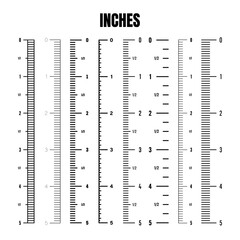 Vertical inch scale for measuring length or height. Various measurement scales with divisions. Ruler, tape measure marks, size indicators. Vector illustration