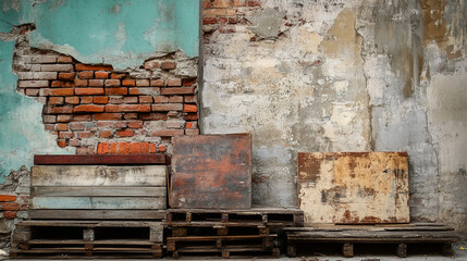 Urban decay with wooden pallets and textured wall displays in an abandoned space. 