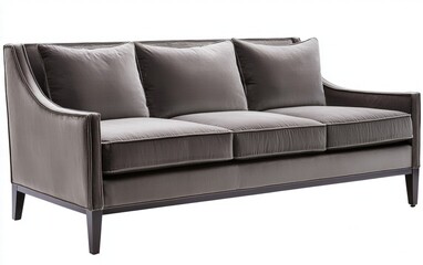 Fototapeta premium A sleek gray sofa with a minimalist frame, smooth fabric, and low-profile arms, isolated on white