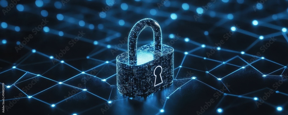 Poster dark blue background with a small padlock with binary polygon interconnects representing cybersecuri
