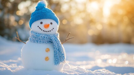Happy smiling snowman with a blue hat and scarf, standing on white snow in a winter landscape. AI generated illustration.