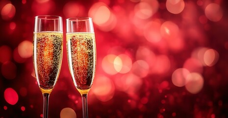 Two champagne glasses on sparkling red bokeh background.