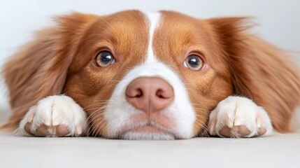 A brown and white dog laying down with its head resting on its paws