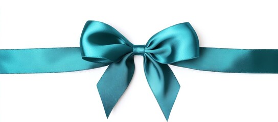 Teal bow ribbon band satin blue stripe fabric (isolated on white background with clipping path) for holiday gift box wedding greeting card banner present wrap design decoration ornament