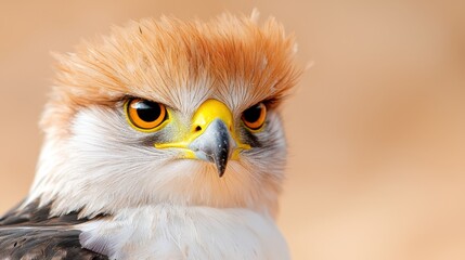 A close up of a bird of prey with yellow eyes