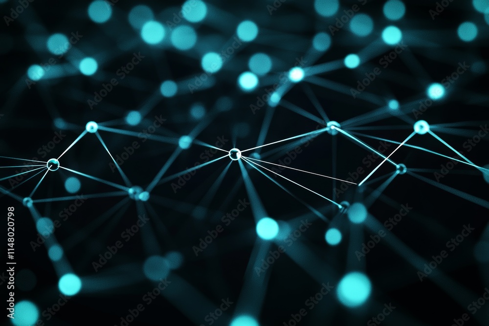 Poster visual representation of a digital network with blue glowing nodes and connected lines illustrating 