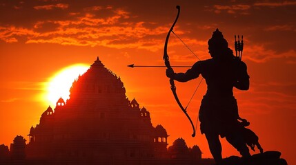 Lord Rama Silhouette with Bow and Arrow in Front of Ram Mandir at Sunset: A Glimpse of Indian Mythology. AI generated illustration