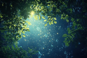 Obraz premium Magical forest background with sparkling lights under green leaves at twilight