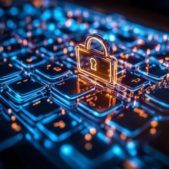 Conceptual Representation of Digital Security With Glowing Lock Symbol on a Futuristic Keyboard at Night
