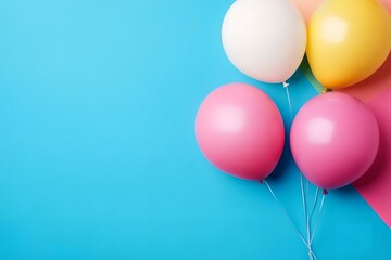 Flat lay composition with balloons and space for text on color background