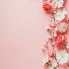 Banner with flowers on light pink background. Greeting card template for Wedding mothers or womans day. Springtime composition with copy space.