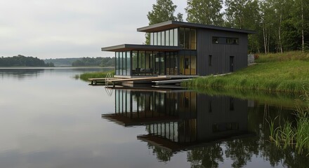 Obraz premium Modern Lake House Reflection Waterfront Home Design Luxury Architecture