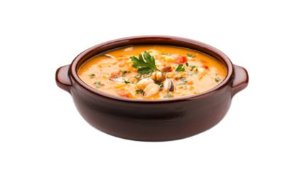 Delicious Seafood Soup in a Rustic Clay Bowl with Fresh Ingredients