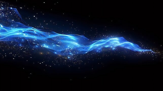 Abstract blue glowing energy wave particles on black background.