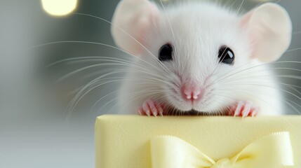 Fototapeta premium A white mouse sitting on top of a yellow gift box