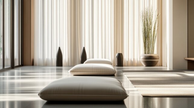 Minimalist modern meditation room with clean, serene design. Featuring neutral tones and sleek furnishings