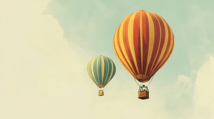 Fototapeta premium Two hot air balloons float in the sky, one larger with red and yellow stripes and the other smaller with blue and yellow stripes. The serene scene captures the beauty and tranquility of ballooning.