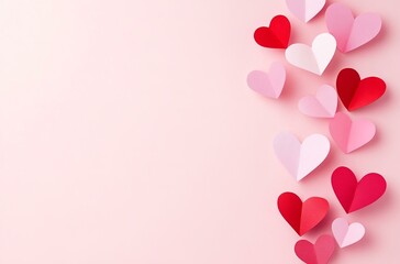 Paper red and pink hearts soar on soft pink color background.