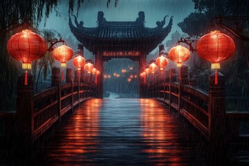 Traditional Chinese Wooden Bridge with Red Lanterns in Fantasy Landscape: Rainy Night. AI generated illustration