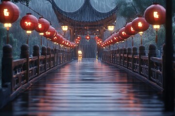 Traditional Chinese Wooden Bridge with Red Lanterns in Fantasy Landscape: Rainy Night. AI generated illustration
