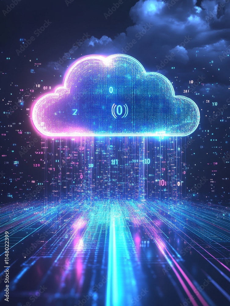 Poster cloud computing technology represented by glowing digital cloud with binary data rain in a futuristi