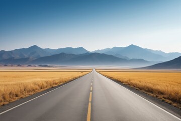 Naklejka premium arafed road in the middle of a field with mountains in the background