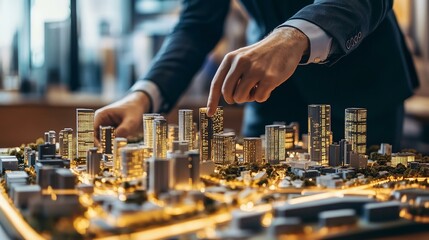 Obraz premium A business professional interacts with a miniature urban model showcasing innovation in real estate development and technology