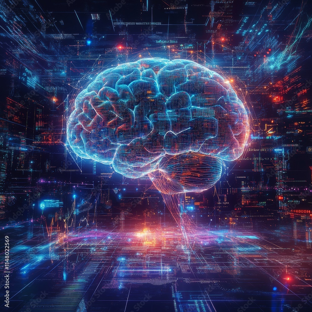 Poster digital brain representation illustrating neural connections and data visualization in a futuristic 