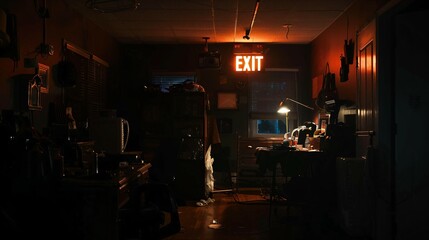 Dark room with faint emergency exit sign glow during power blackout, capturing sudden disruption and eerie stillness with scattered objects faintly visible in dim light.