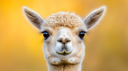 Obraz premium A close up of an alpaca's face with a yellow background