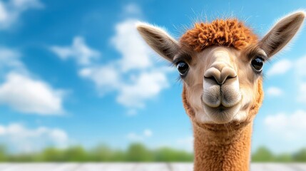Obraz premium A close up of an alpaca's face with a blue sky in the background