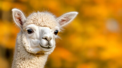 Fototapeta premium A close up of a white alpaca in front of a yellow background