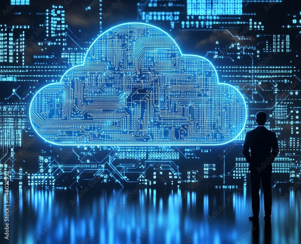 Poster exploring the future of technology with digital cloud concepts and data networks in a high-tech envi