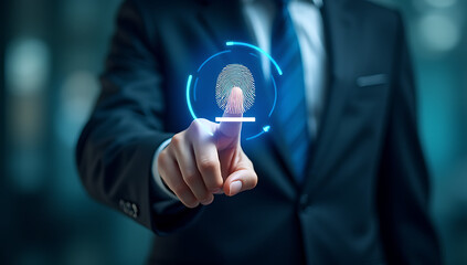 A businessman uses a biometric authentication system to securely log in online with his unique fingerprint, username, and password._00001_