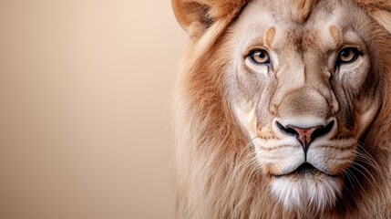 Fototapeta premium A close up of a lion's face on a beige background