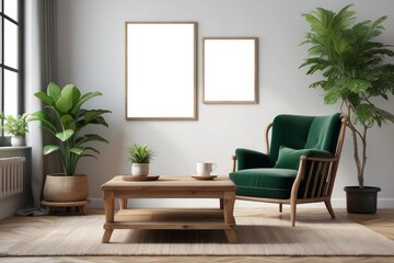 Wooden coffee table in elegant living room interior with vintage armchair, green plant in pot and poster in frame