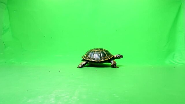 A slow-moving turtle crossing a green screen