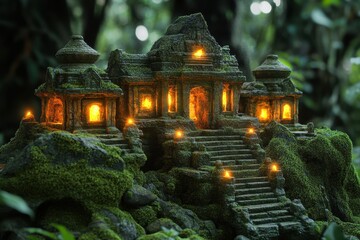 Mysterious ancient temple illuminated by soft lights in a dense green forest during twilight