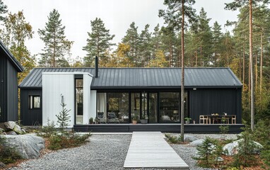 A clean Scandinavian home featuring a combination of gray and white walls, surrounded by pine trees