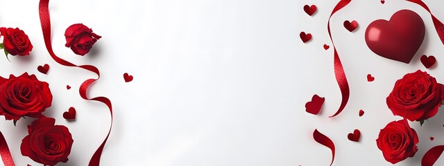 Valentine's Day banner design featuring a clean white background adorned with elegant red roses and red heart decorations arranged in a sophisticated flat lay style