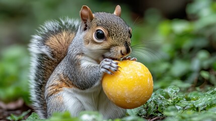 Naklejka premium Adorable squirrel enjoying a yellow fruit.